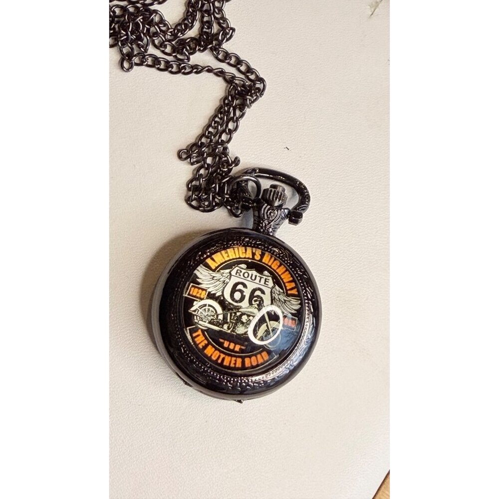 Route 66 Pocket Watch Quartz Movement With Chain Necklace Black Vintage Style
